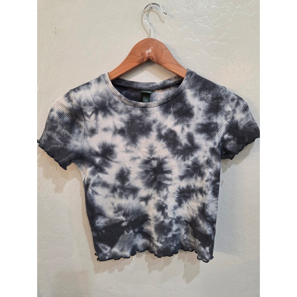 Wild Fable Black White Tie Dye Waffle Knit Crop Top Lettuce Trim Small Womans